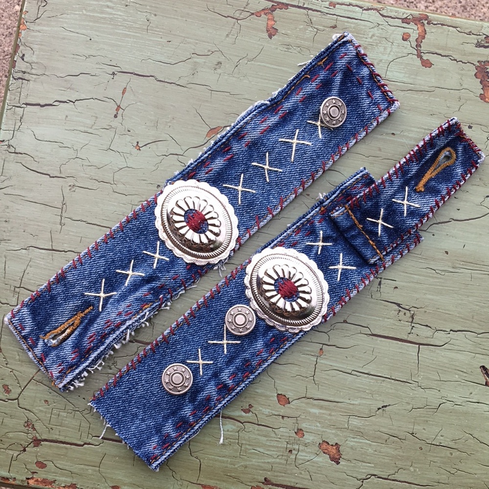 Handmade upcycled hand embroidered denim and silver conch boho cuff bracelet